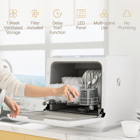White homcom 6l tabletop dishwasher with led panel offers five modes including fruit wash and 70°c temperature for place settings