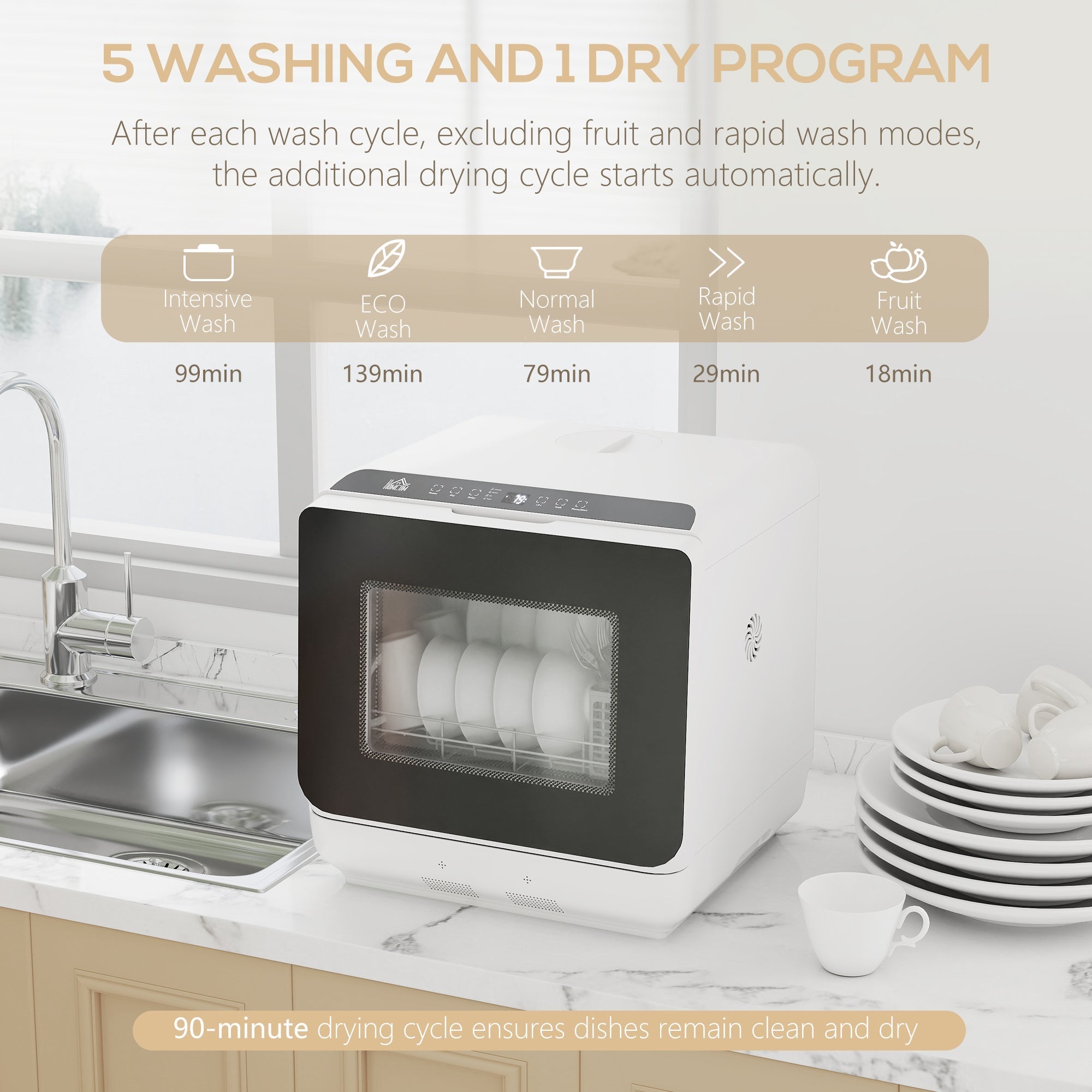 Homcom 6l five-mode tabletop dishwasher white with black panel and digital controls holds place settings at 70°c temperature