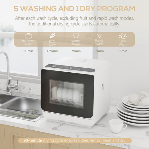 Homcom 6l five-mode tabletop dishwasher white with black panel and digital controls holds place settings at 70°c temperature