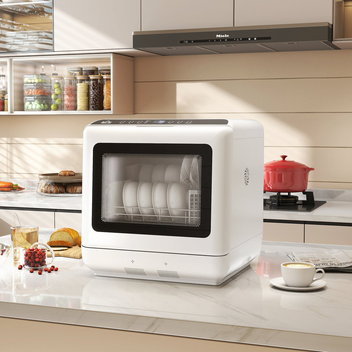 White miele countertop dishwasher with black glass door features 6 place settings and 70°c fruit wash mode