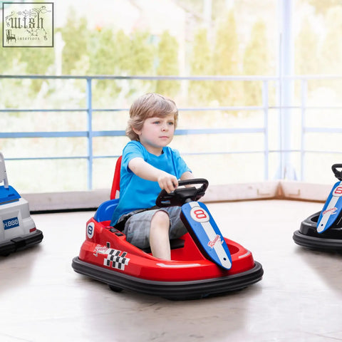 Red and blue kids bumper car with black steering wheel and checkered flag decals from HOMCOM 6V electric kids bumper car