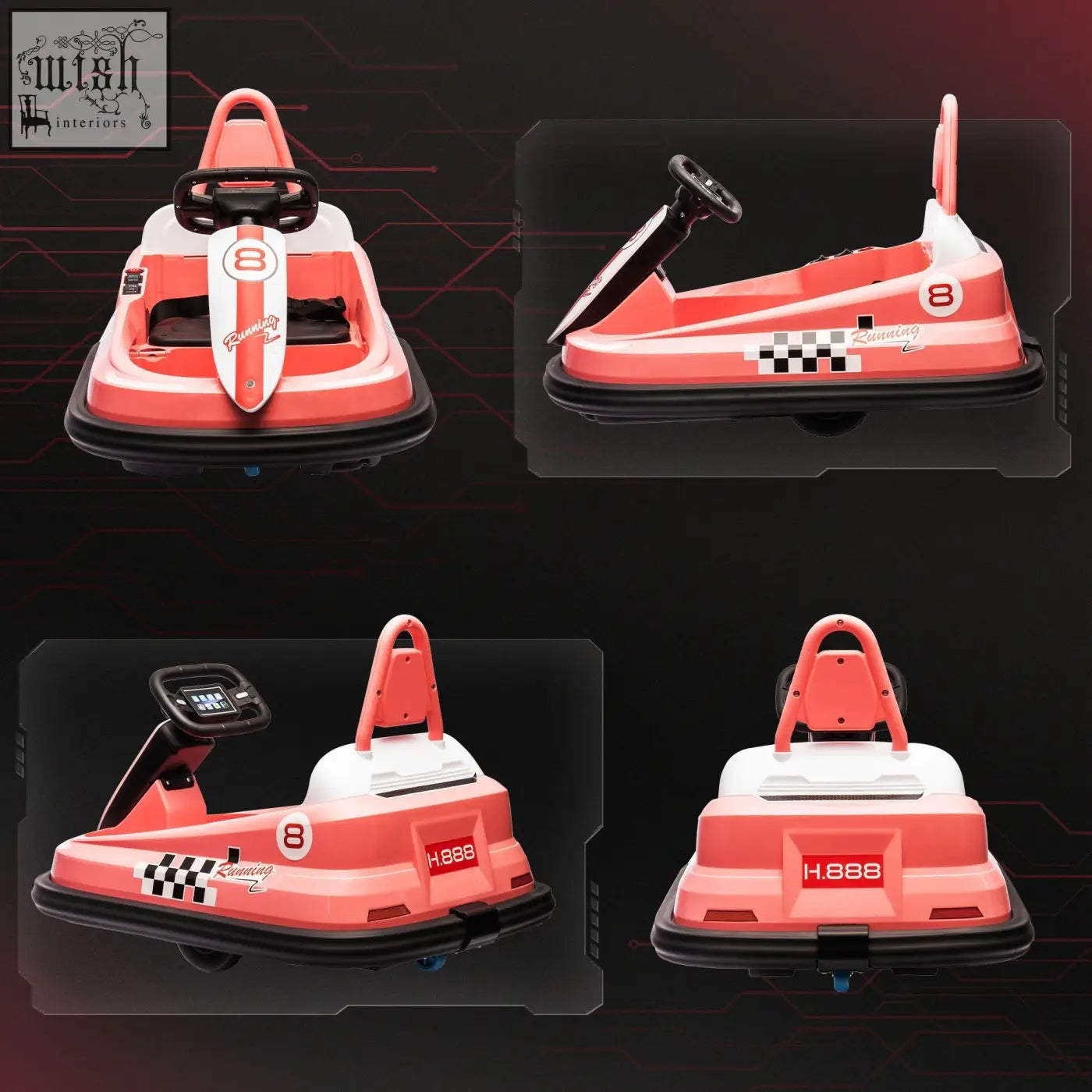 Red and white homcom 6v electric kids bumper car with music horn lights checkered flag decals and h.888 branding