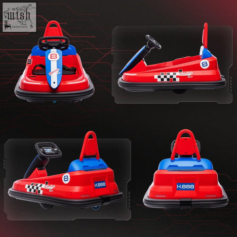 Red and blue homcom kids bumper car with black rubber bumpers steering wheel racing decals and fun lights and music