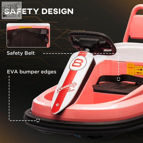 Pink and white homcom 6v electric kids bumper car with running 8 branding black steering wheel lights and music