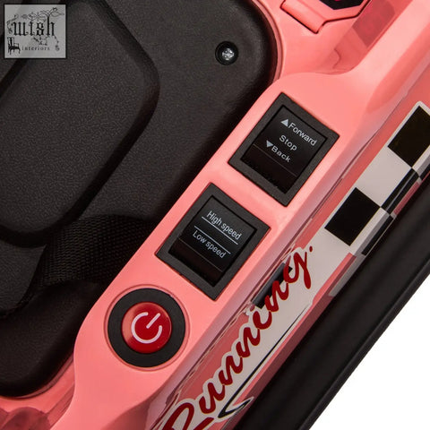 Pink homcom 6v electric kids bumper car with black control buttons red power button and checkered racing stripe design