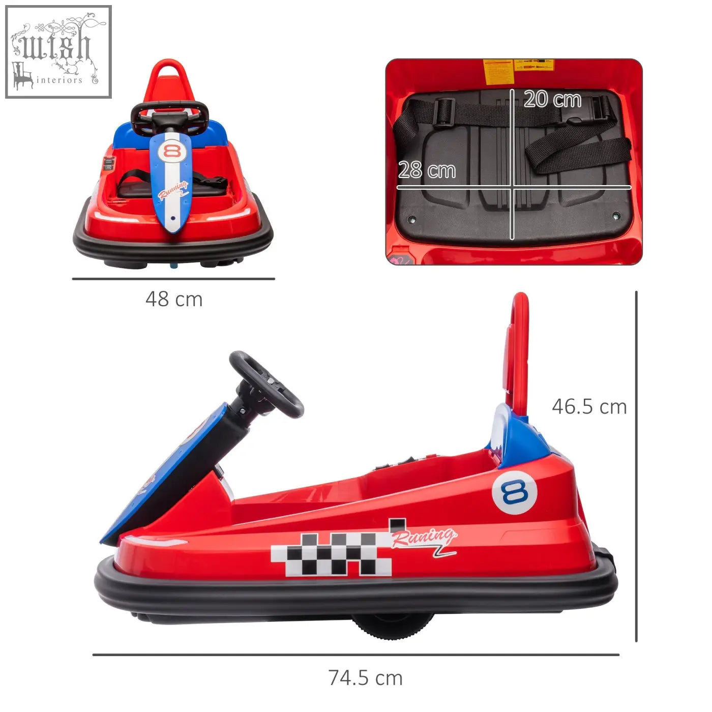 Red and blue homcom 6v electric kids bumper car with music horn lights checkered flag and number 8 on side
