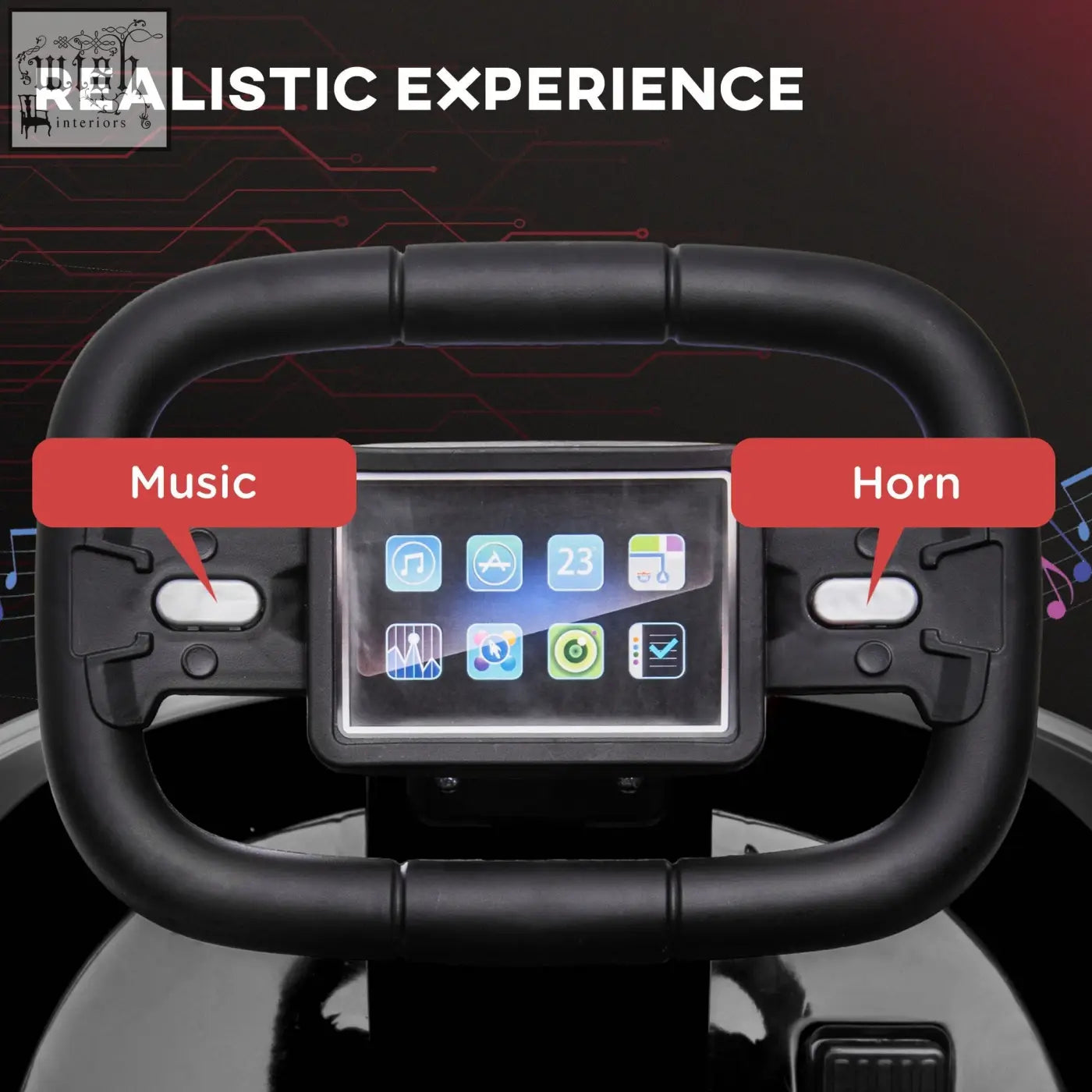 Black plastic steering wheel with touchscreen displaying music and horn controls on homcom kids bumper car