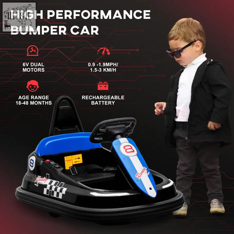 Blue and black homcom 6v electric kids bumper car with racing decals music horn and lights for fun ride