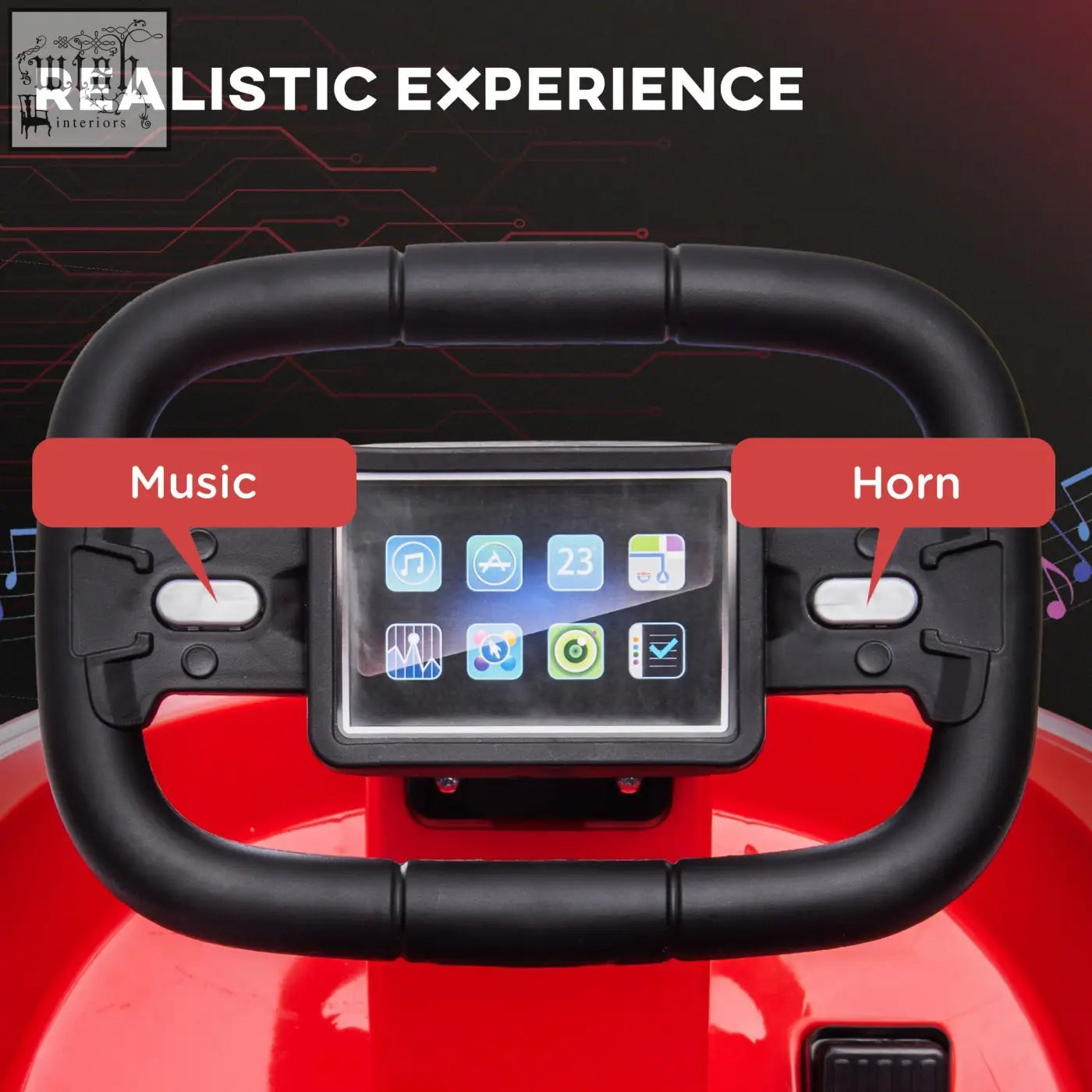 Red homcom 6v kids bumper car with black steering wheel touchscreen music horn and lights for fun rides