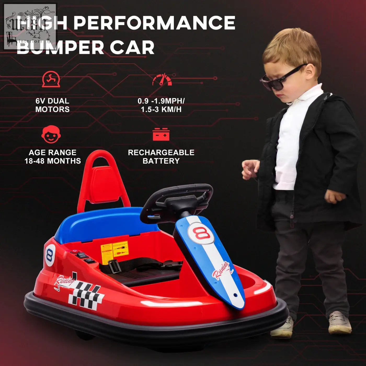 Red and blue HOMCOM 6V kids bumper car with music horn lights black steering wheel and checkered flag decals