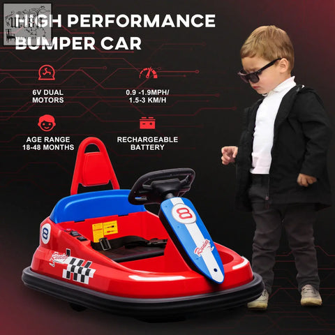 Red and blue HOMCOM 6V kids bumper car with music horn lights black steering wheel and checkered flag decals