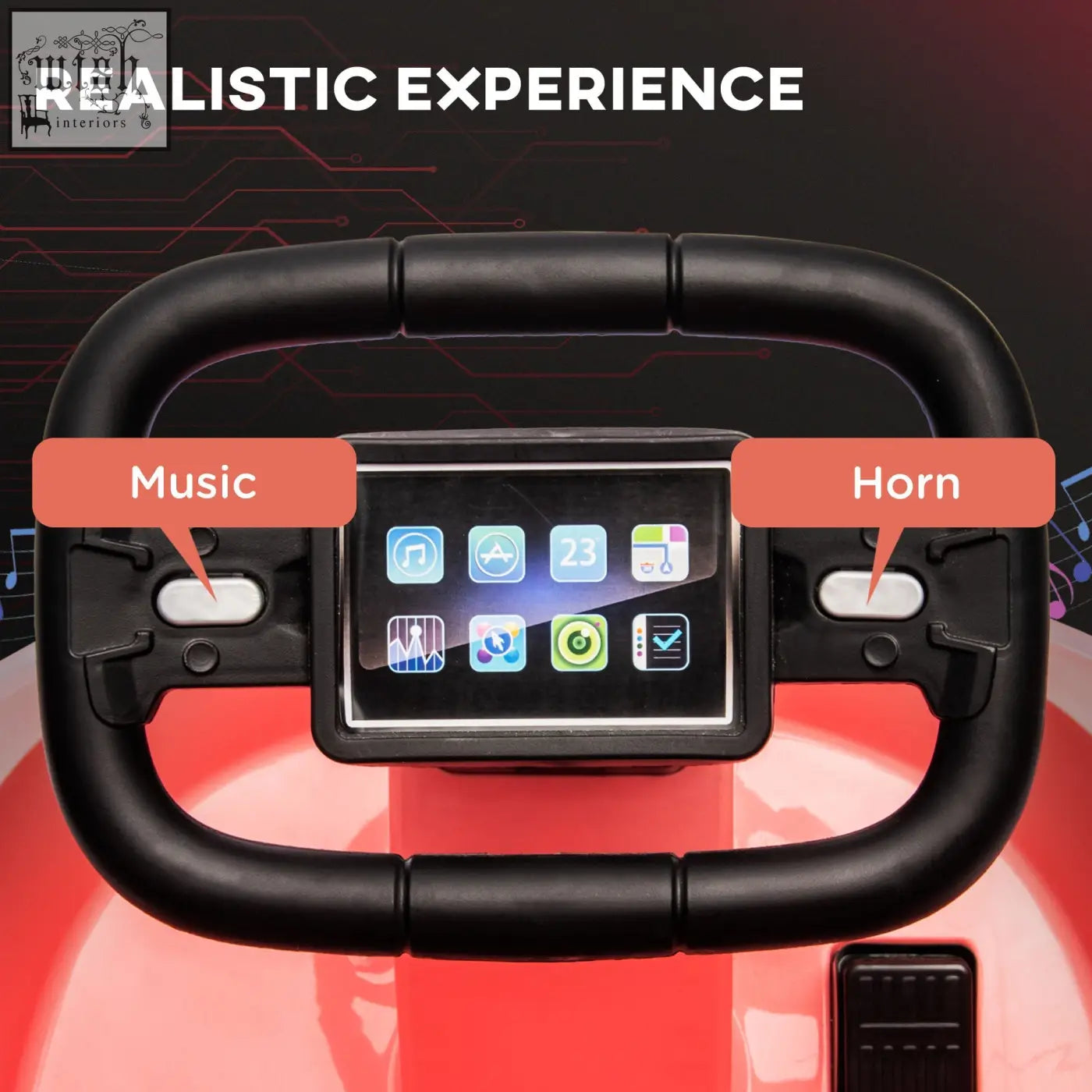 Black plastic steering wheel with touchscreen for music and horn in pink homcom kids bumper car