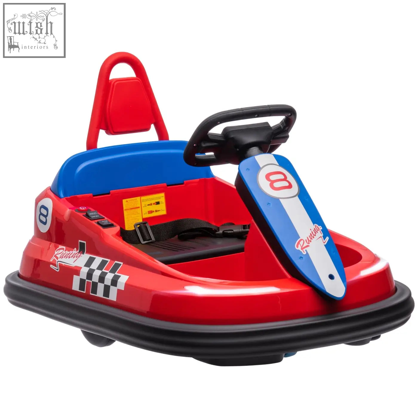 Homcom red and blue kids bumper car with black steering wheel seat belt racing decals music horn and lights