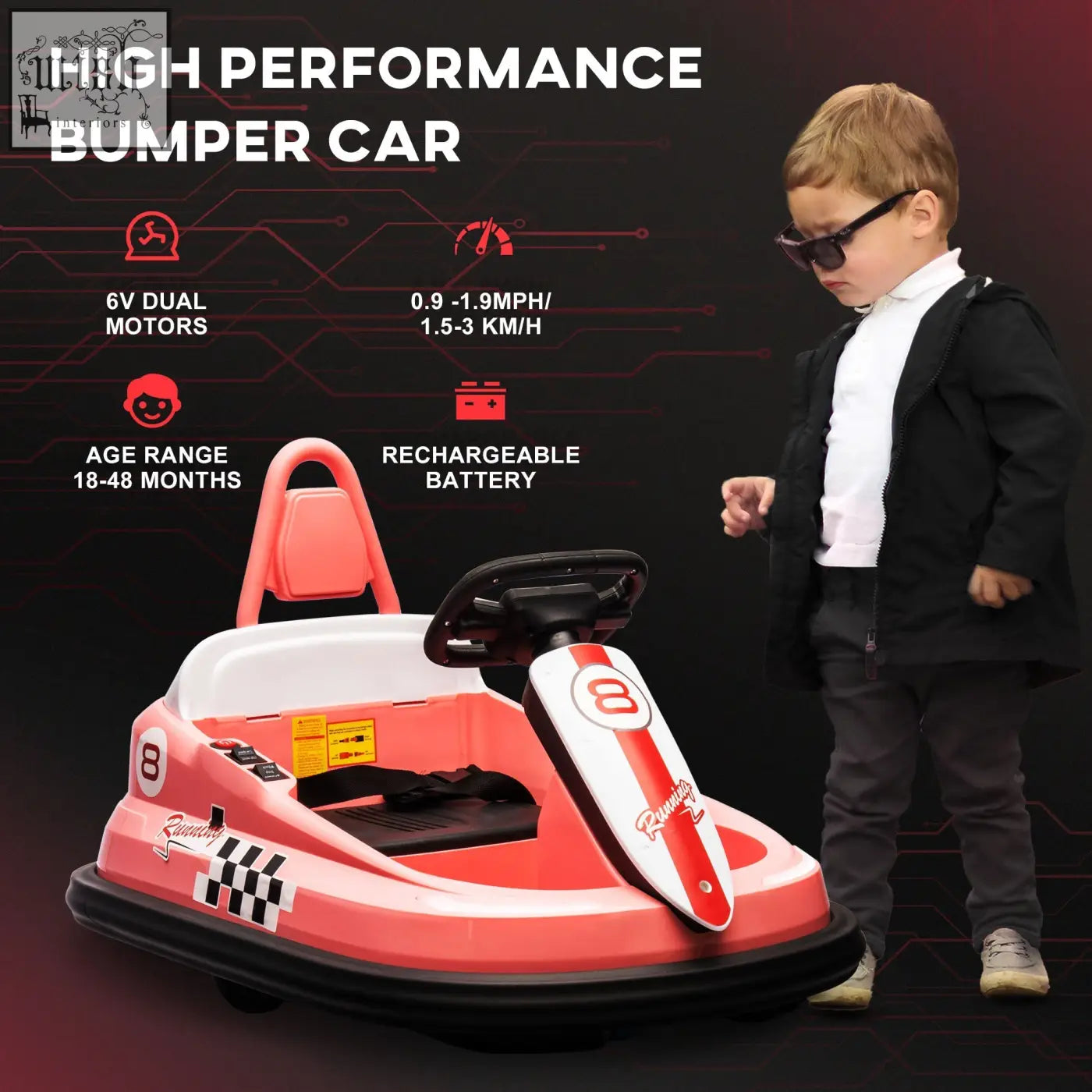 Red and white homcom 6v electric kids bumper car with checkered flag design and number 8 for fun ride