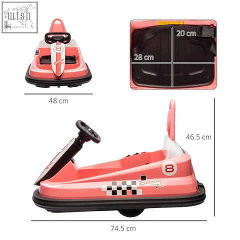 Pink and white HOMCOM 6V electric kids bumper car with music horn lights checkered flag design and number 8 on side