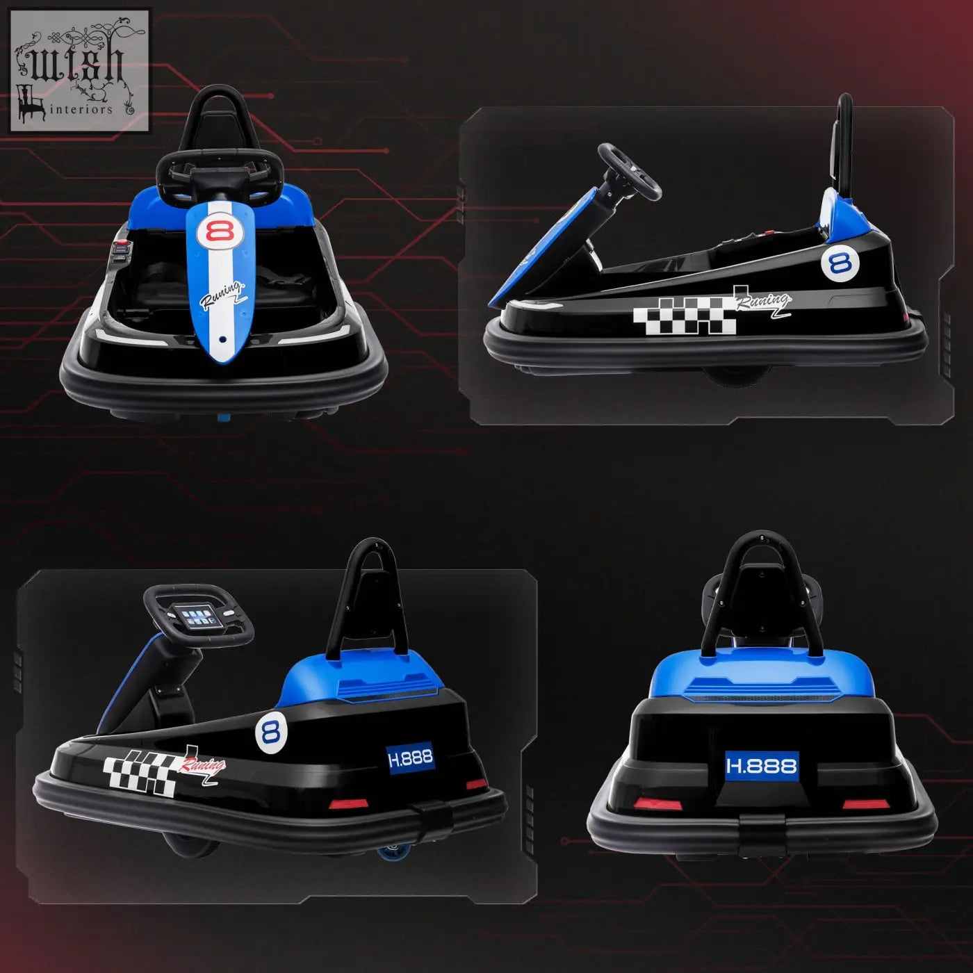 Blue and black HOMCOM 6V electric kids bumper car with racing decals, digital display, music, horn, and lights