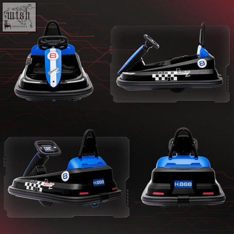 Blue and black HOMCOM 6V electric kids bumper car with racing decals, digital display, music, horn, and lights