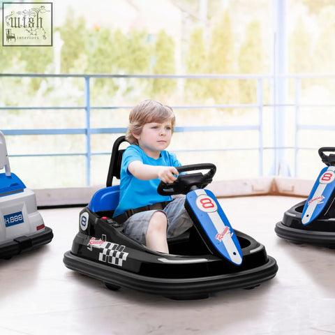 Blue and black homcom kids bumper car with white stripes red number 8 decals and checkered flag design
