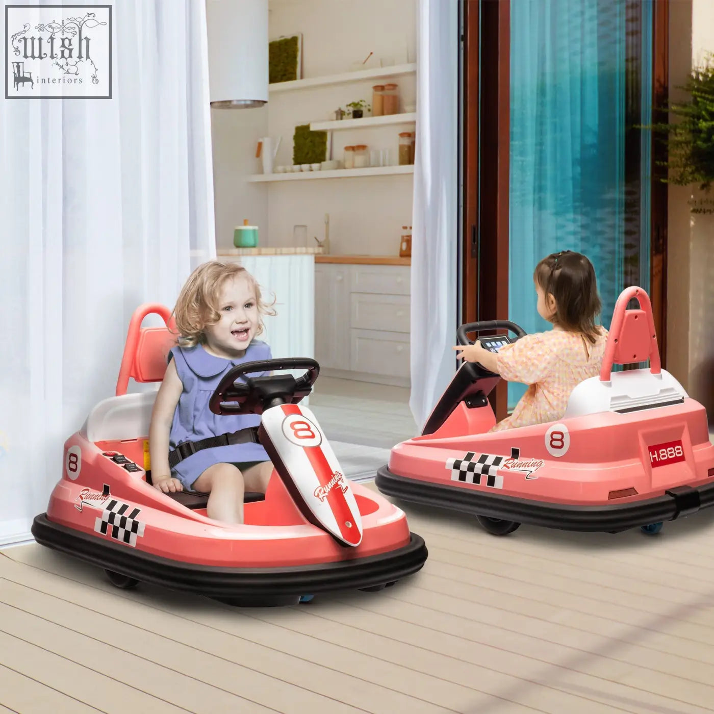 Pink and white homcom 6v kids bumper car with black racing stripes red number 8 decal and illuminated steering wheel display