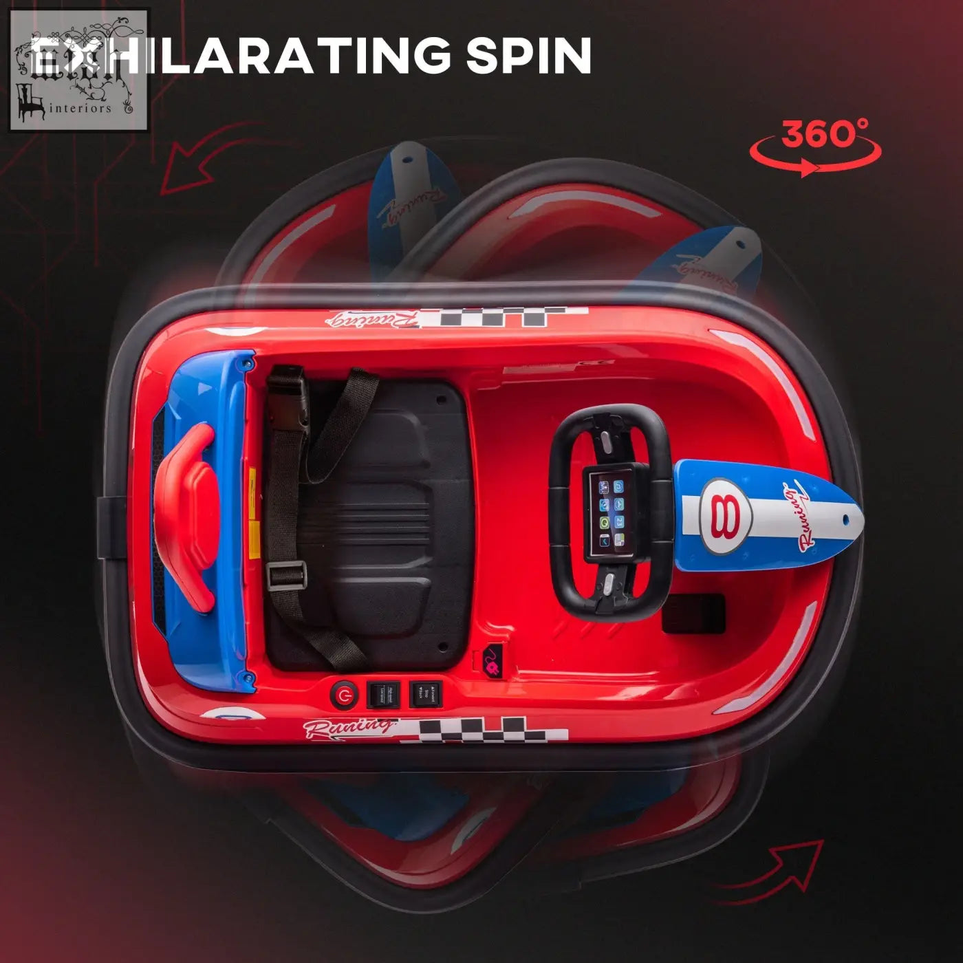 Red and blue homcom 6v electric kids bumper car with black interior digital display and checkered racing stripes