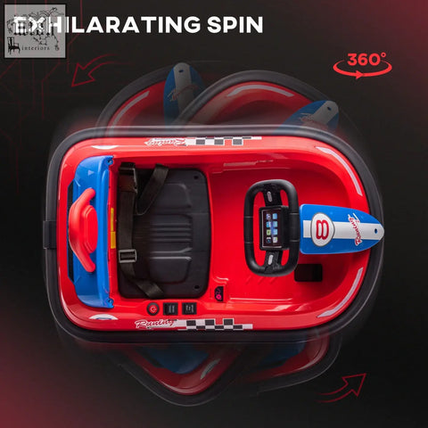 Red and blue homcom 6v electric kids bumper car with black interior digital display and checkered racing stripes