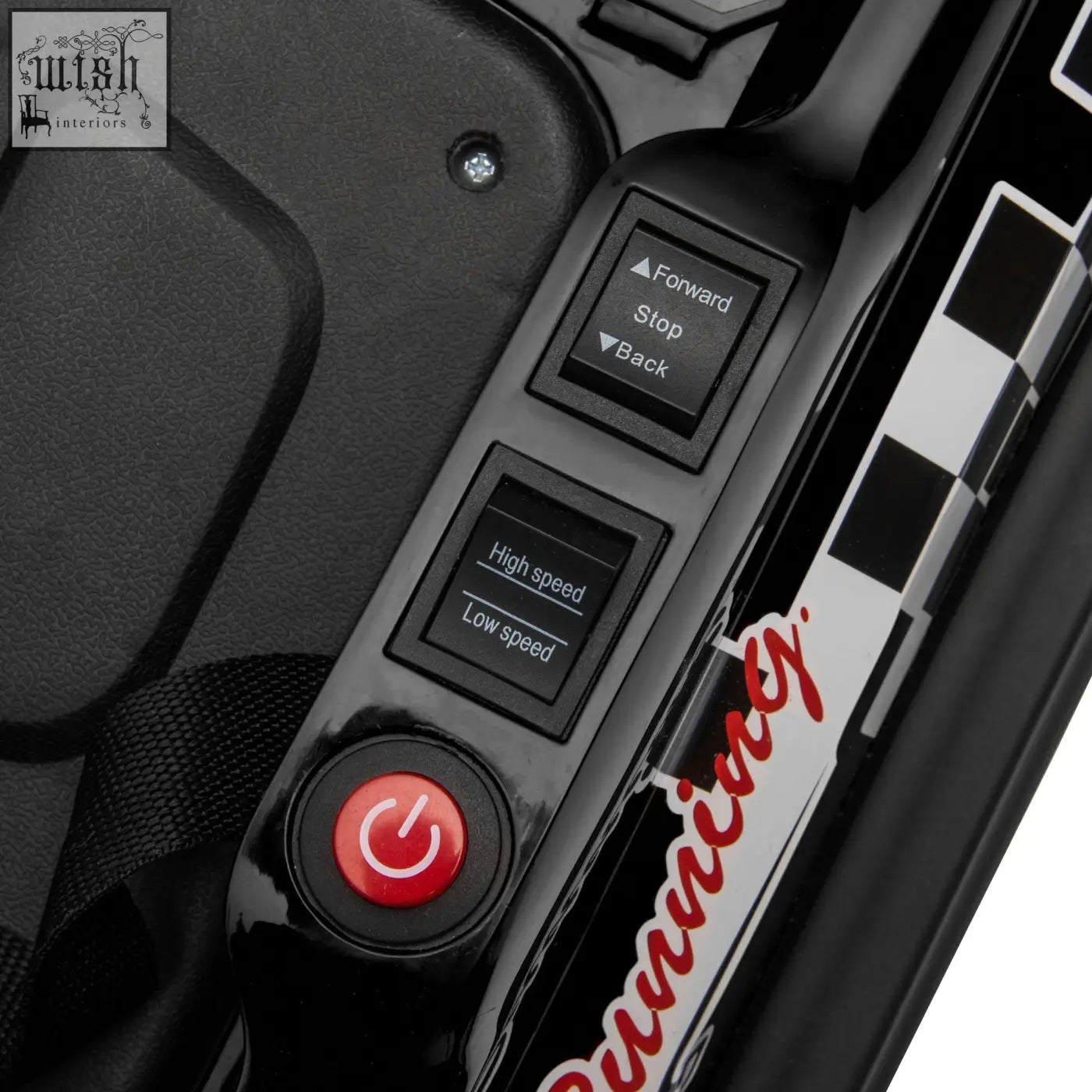 Black plastic control panel with red power button and speed switches on homcom 6v electric kids bumper car