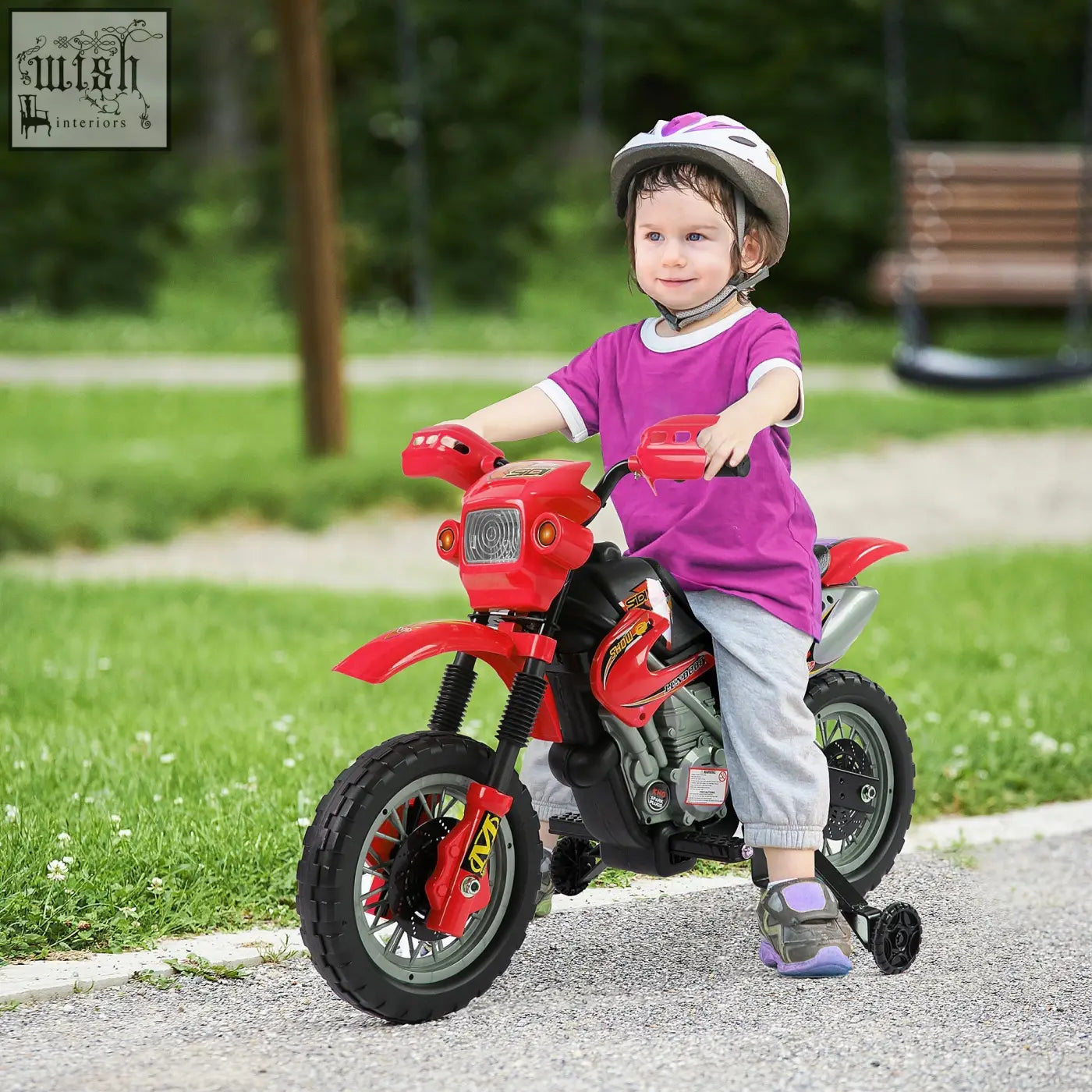 Red HOMCOM 6V kids electric motorbike with black accents, spot headlights, horn sound, and training wheels for ages 3-6