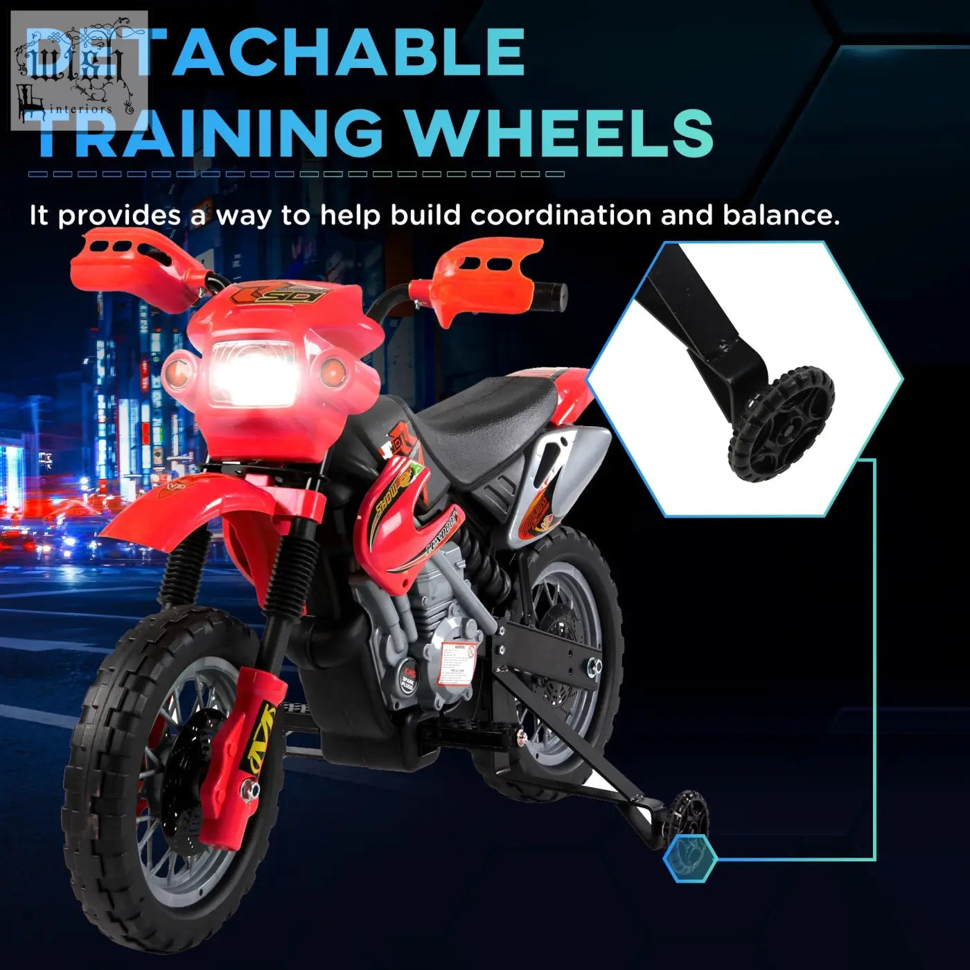 Red and black homcom kids electric motorbike with detachable training wheels spot headlights and horn sound for ages 3-6