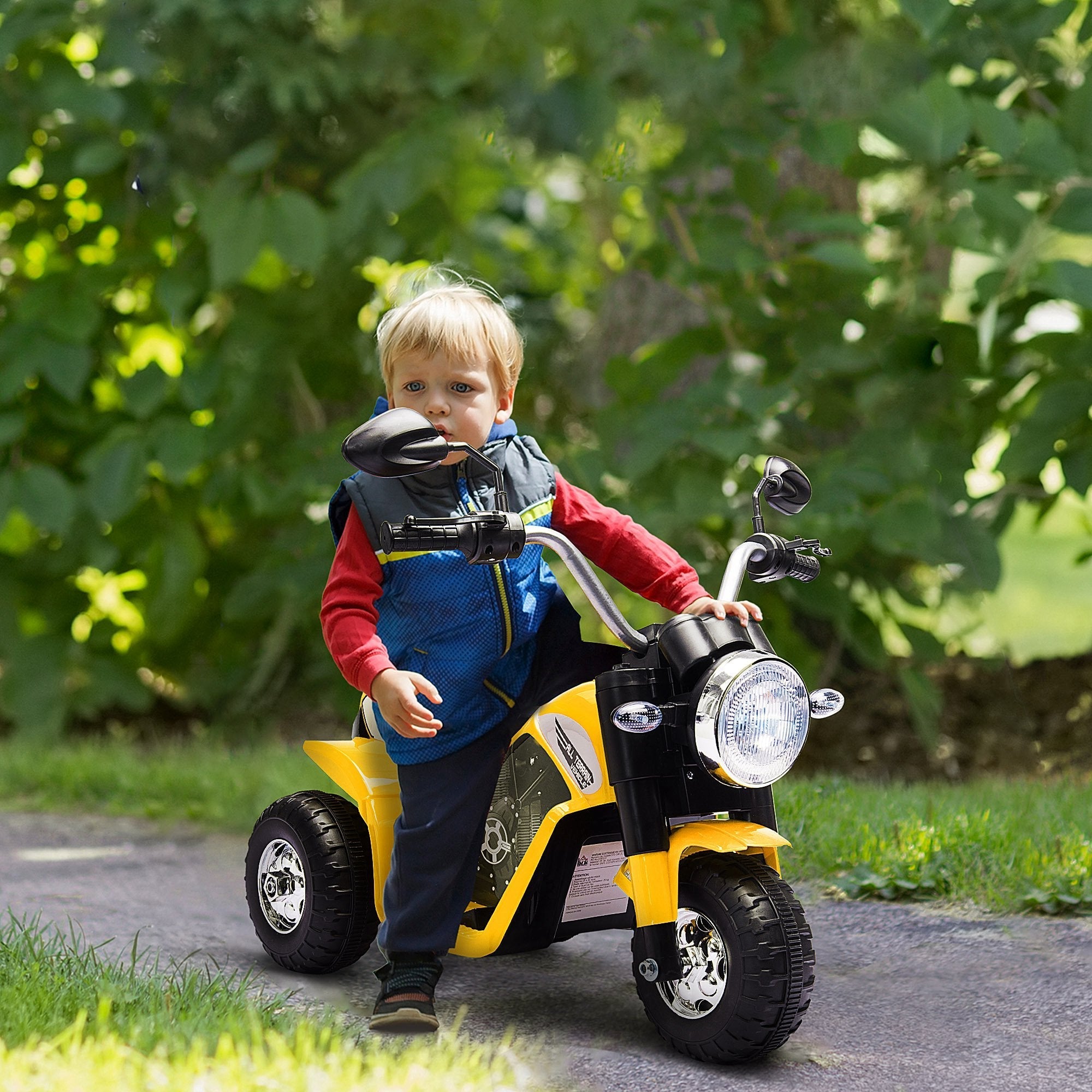 Yellow and black homcom 6v kids electric tricycle with forward reverse, large seat to sit comfortably and realistic sounds