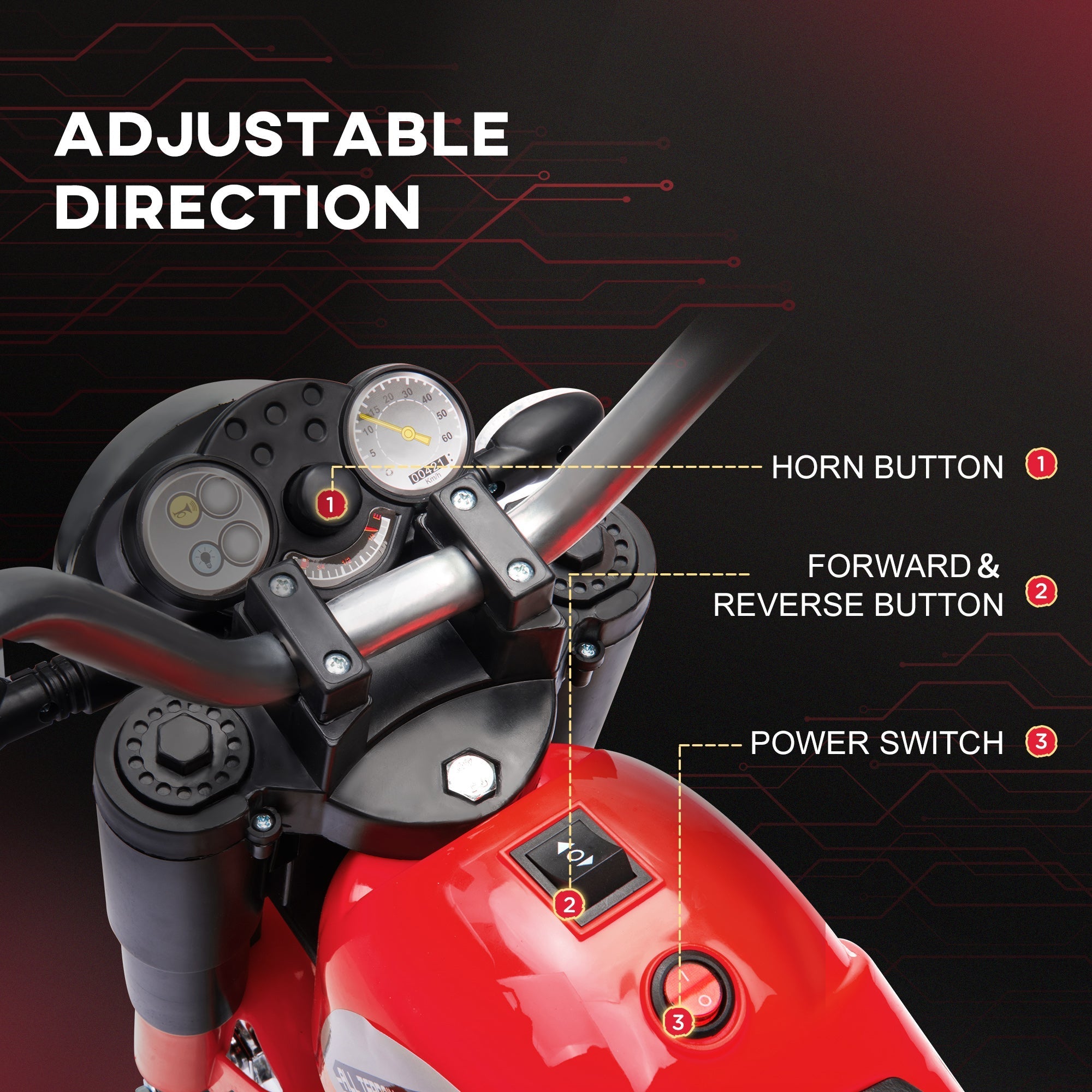 Red homcom 6v kids electric motorbike with large seat, forward reverse, and black handlebars for toddlers to sit comfortably