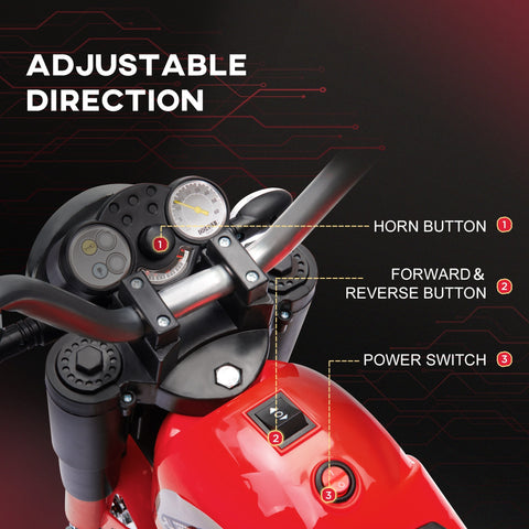 Red homcom 6v kids electric motorbike with large seat, forward reverse, and black handlebars for toddlers to sit comfortably