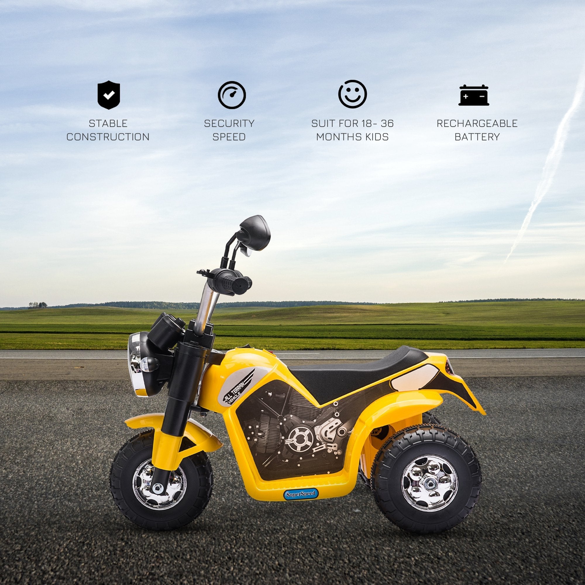 Yellow and black homcom 6v kids electric motorbike with chrome accents large seat lets kids sit comfortably and go forward reverse