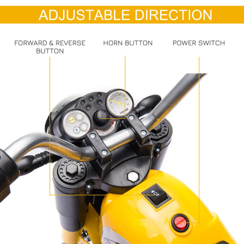 Yellow homcom 6v kids electric motorbike dashboard with black handlebars speedometer and forward reverse controls
