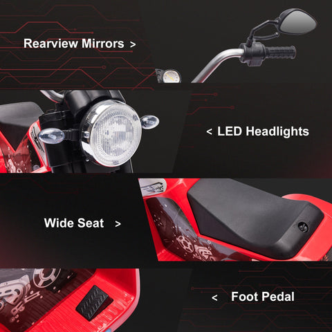 Red and black homcom 6v kids electric motorbike with led headlights large seat to sit comfortably and forward reverse