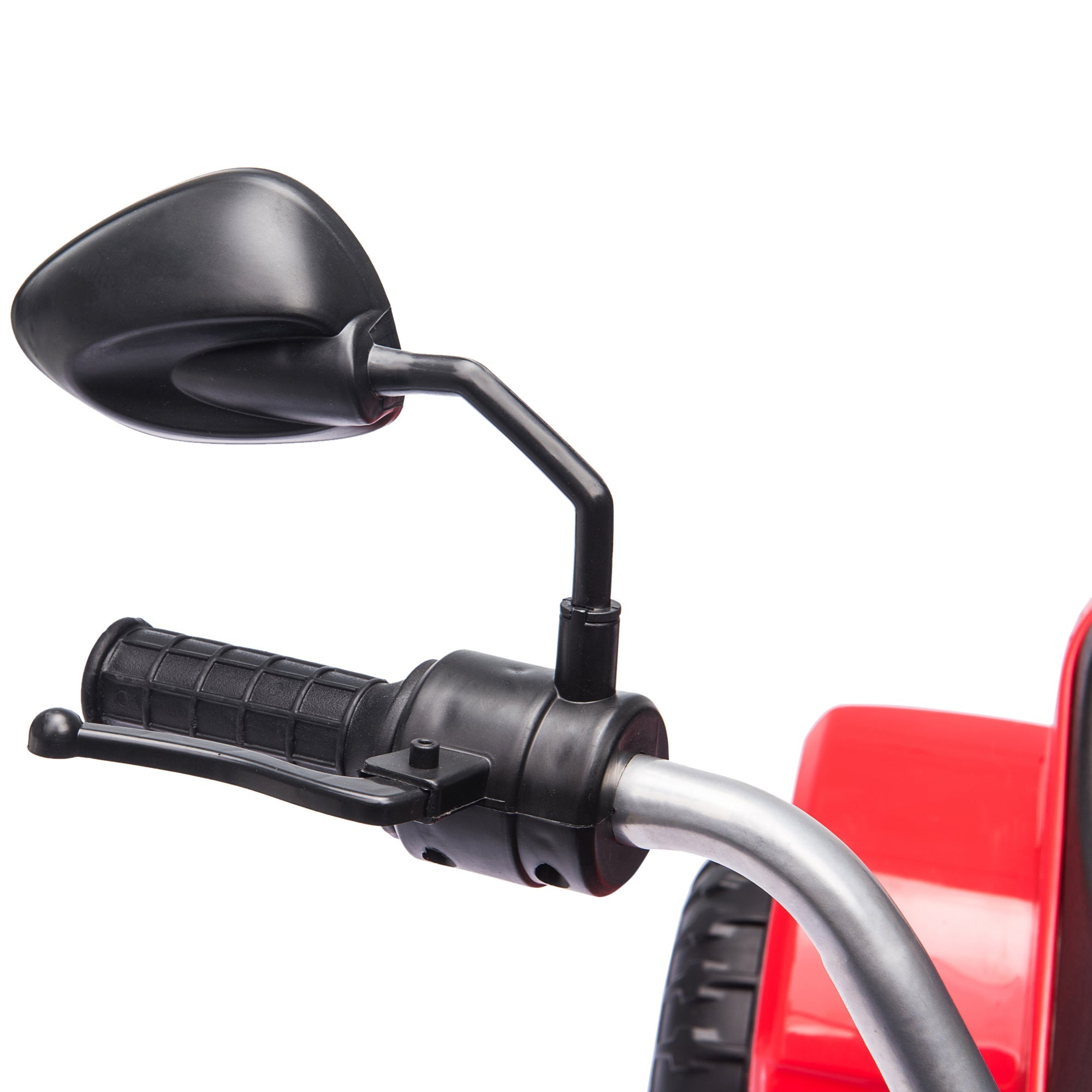 Black plastic motorcycle side mirror with glossy finish on handlebar grip of red homcom 6v kids electric motorbike for kids to sit comfortably with forward reverse and large seat