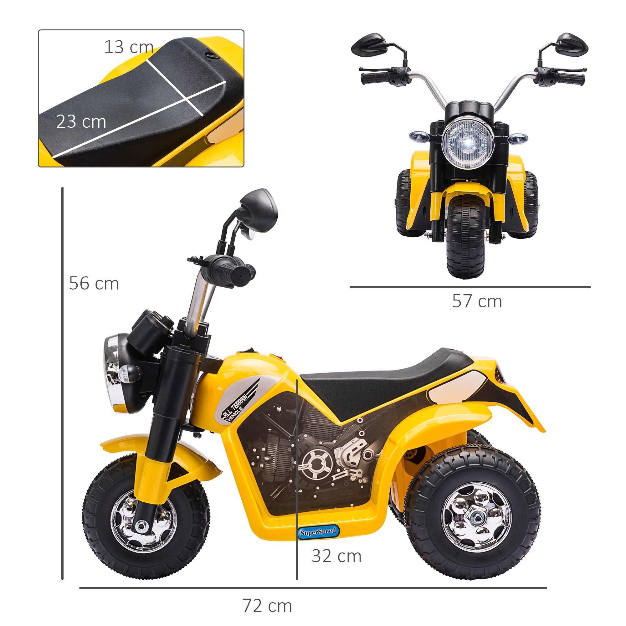 Yellow and black homcom 6v kids electric motorbike with cartoon engine design large seat for kids to sit comfortably and forward reverse function