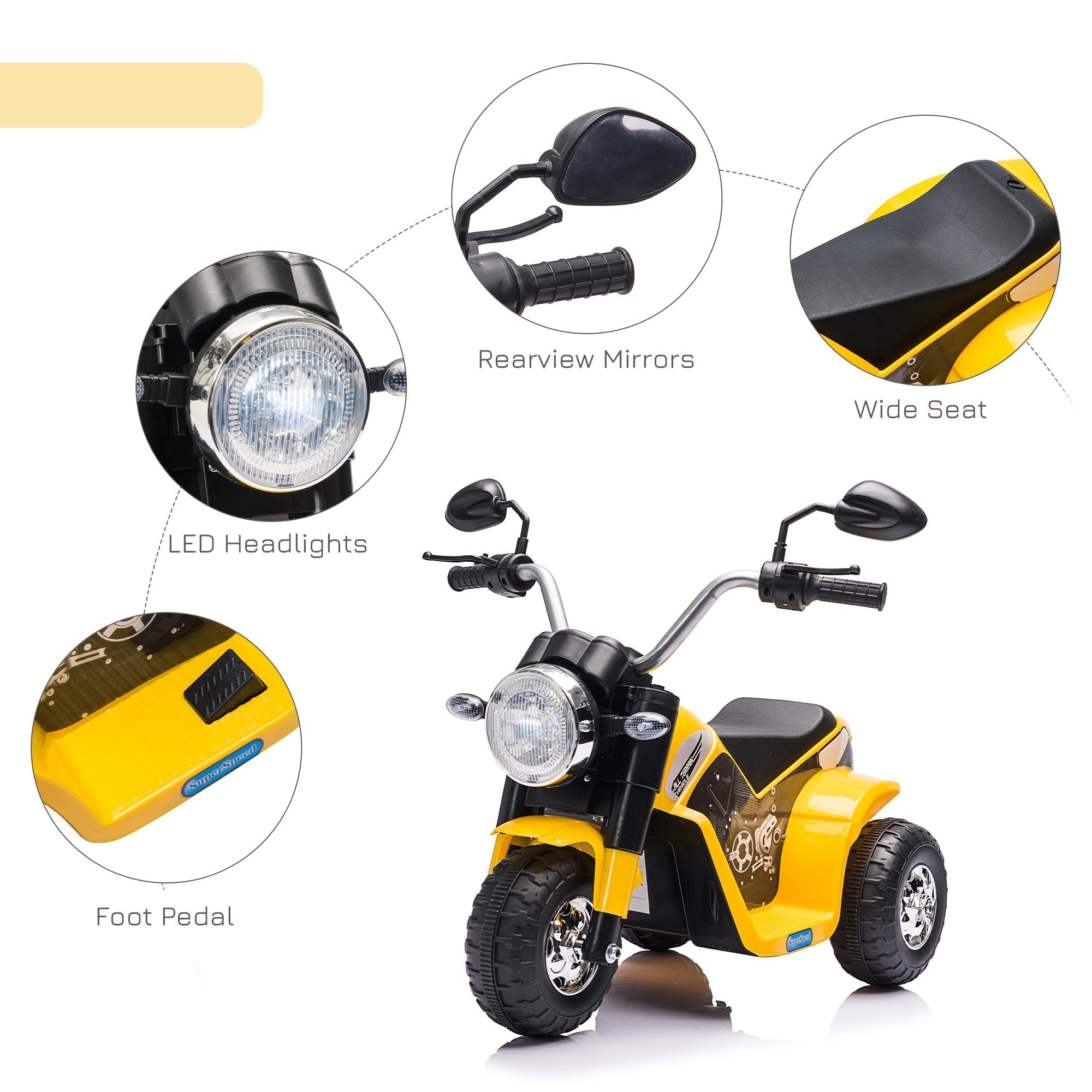 Yellow and black homcom 6v kids electric motorbike with forward reverse, large seat to sit comfortably for toddlers