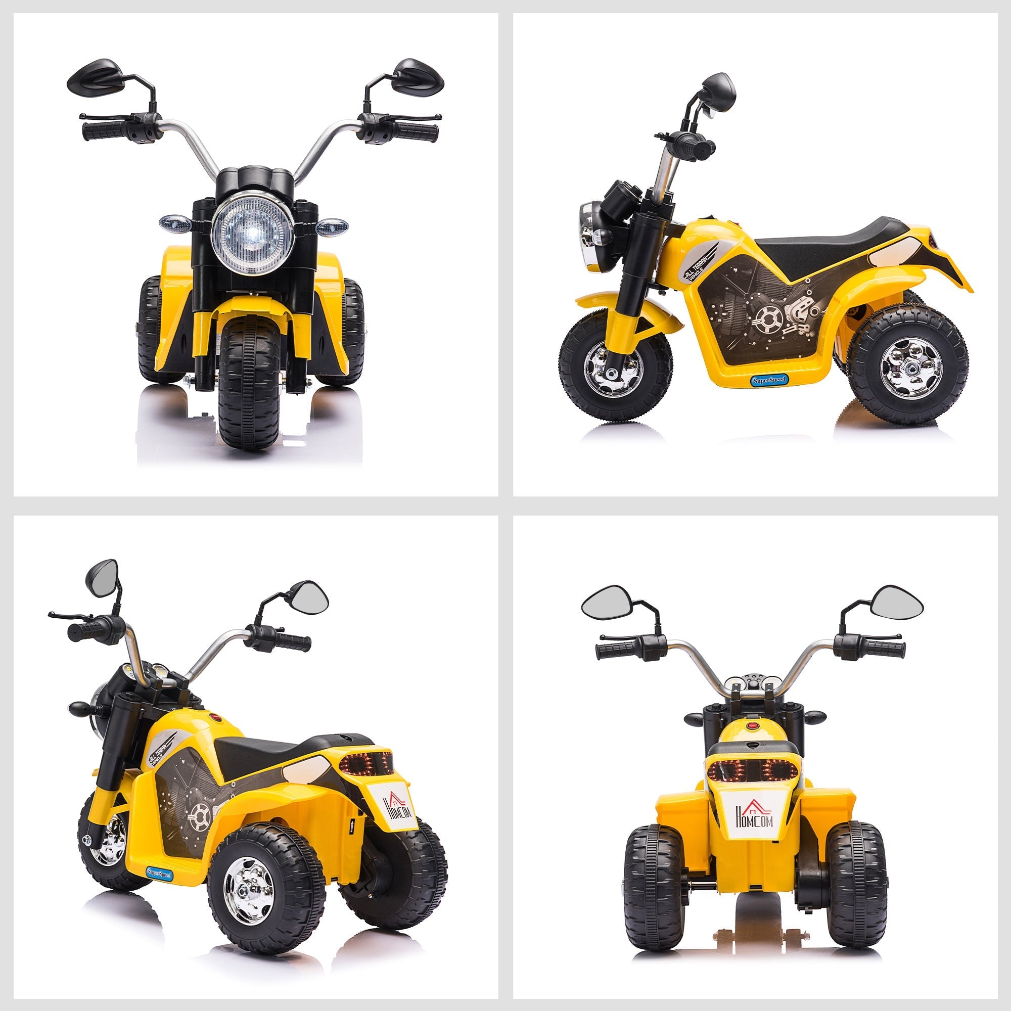 Yellow HOMCOM 6V kids electric motorbike with forward reverse, large seat to sit comfortably, and soccer-themed panel