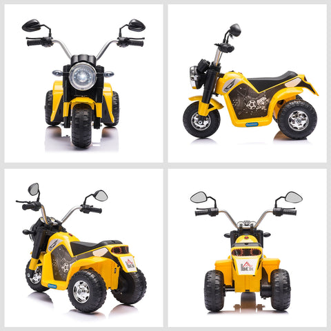 Yellow HOMCOM 6V kids electric motorbike with forward reverse, large seat to sit comfortably, and soccer-themed panel