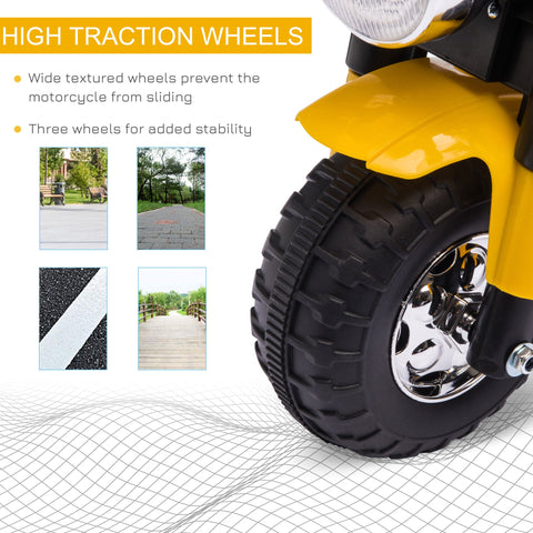 Yellow homcom 6v kids electric tricycle with forward reverse, large seat to sit comfortably, black tires, and chrome rims