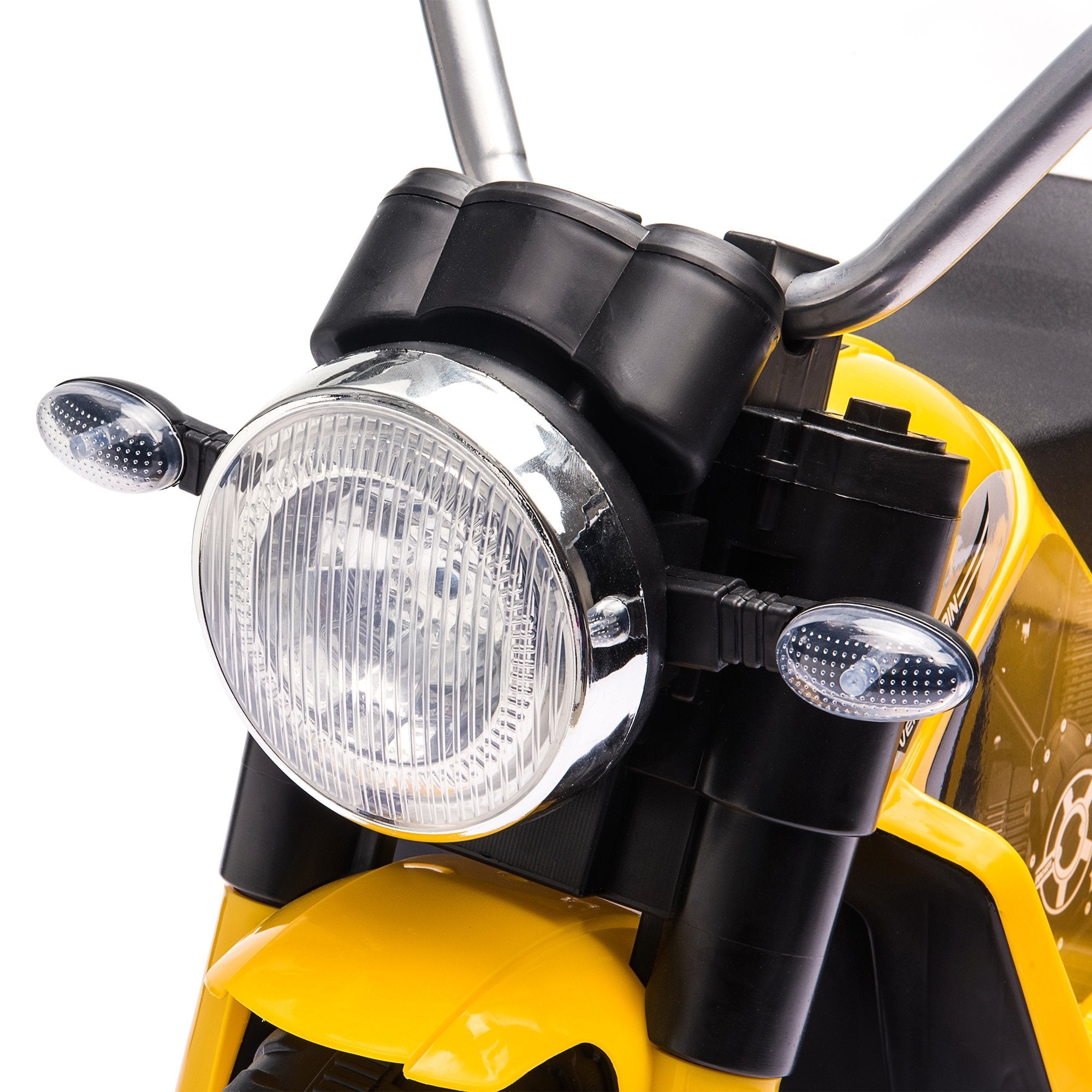 Yellow and black homcom 6v kids electric motorbike with chrome headlight sit comfortably on large seat forward reverse
