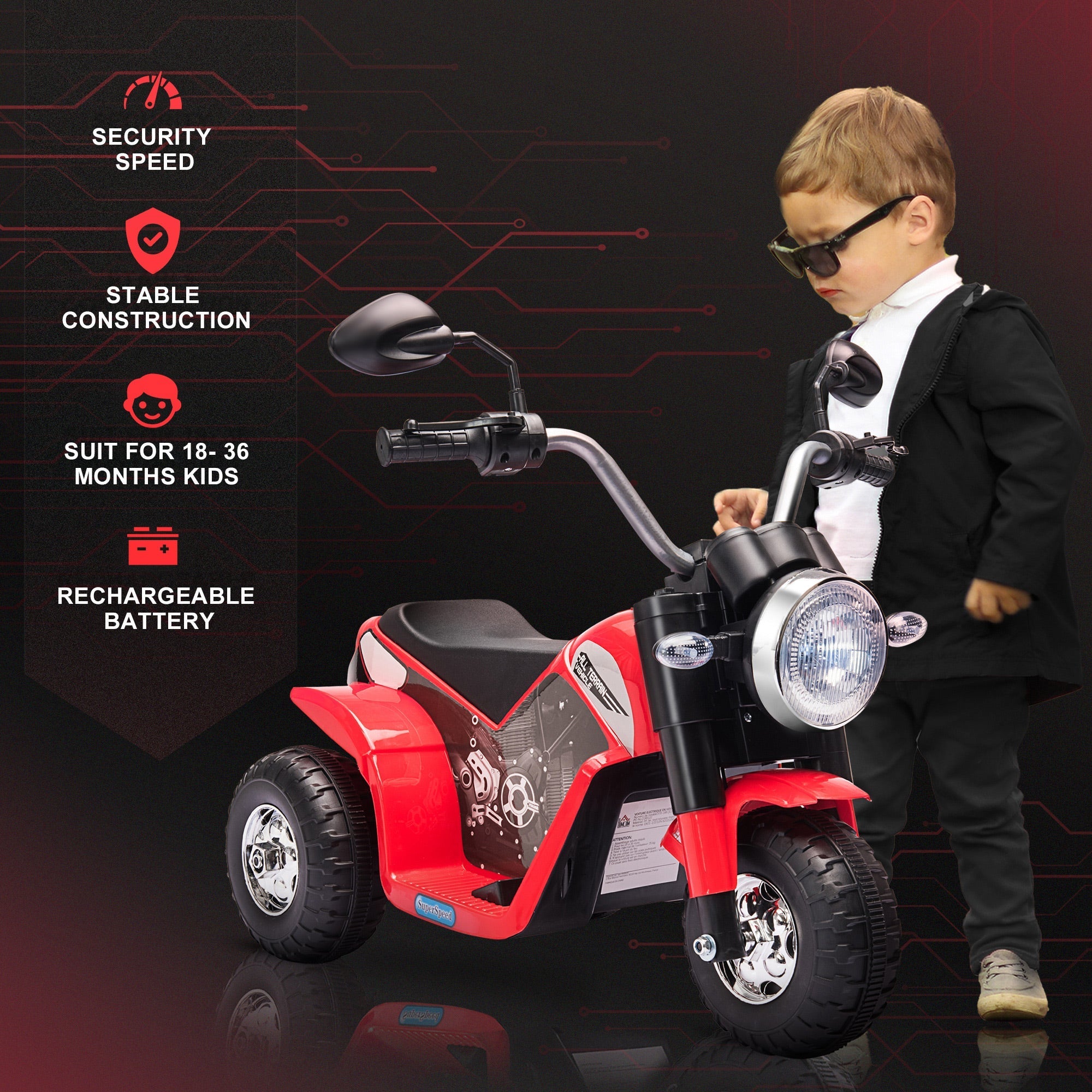 Red and black homcom 6v kids electric motorcycle with three wheels large seat to sit comfortably and forward reverse