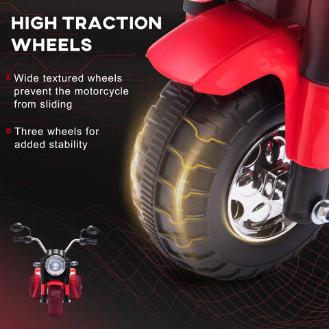 Red HOMCOM 6V kids electric motorbike with wide textured black tires chrome rims large seat to sit comfortably forward reverse