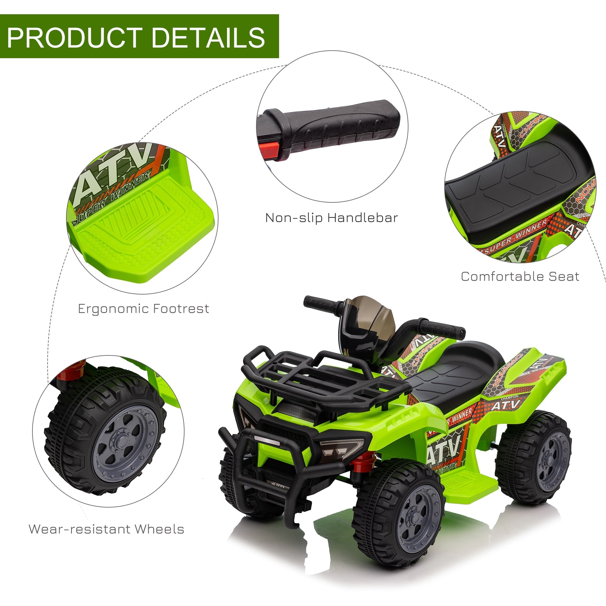 Bright green and black homcom kids quad bike with rugged tires large seat textured handlebar and smooth ride for toddlers