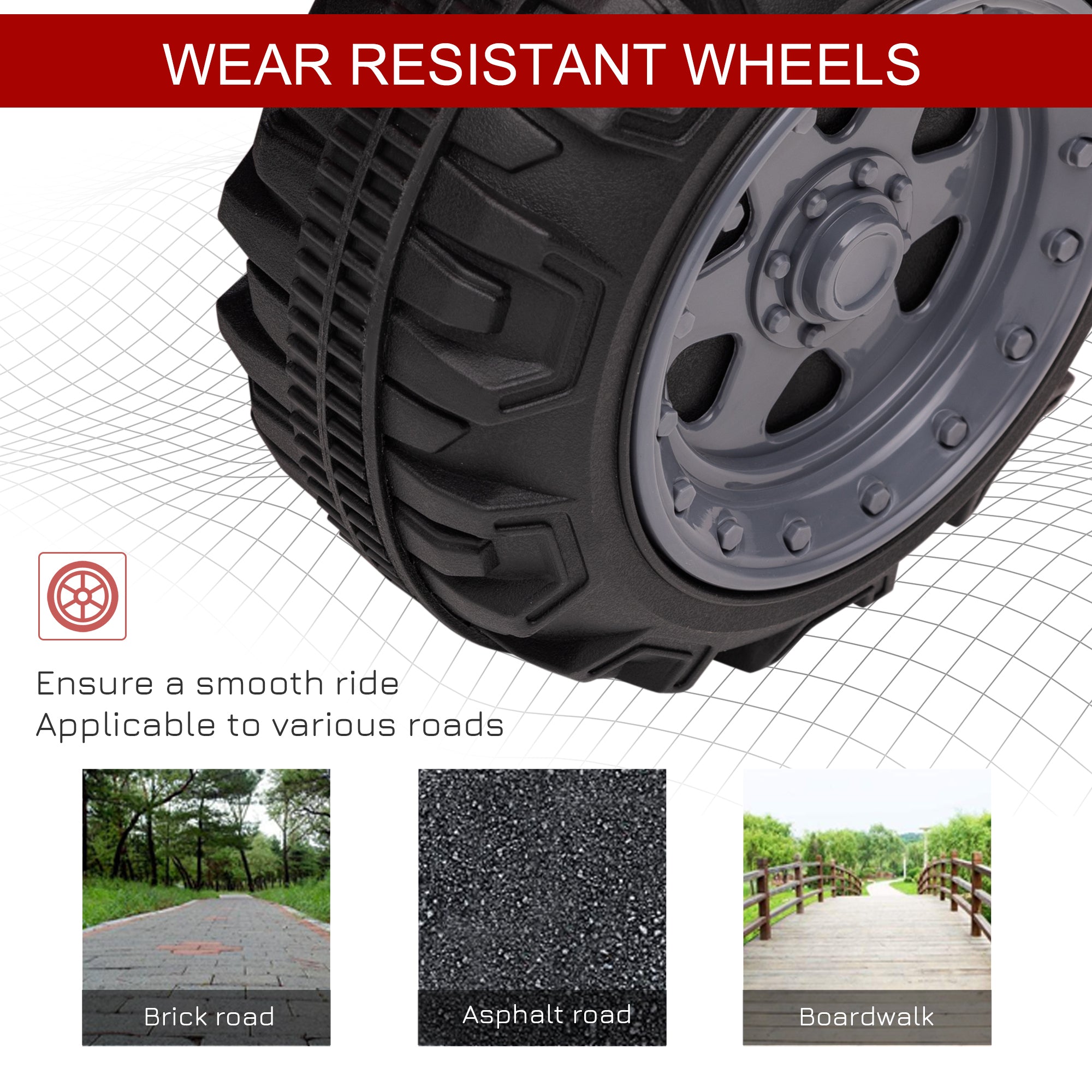 Black rubber tire with rugged tread on dark gray alloy rim for red homcom 6v kids quad bike with smooth ride and large seat