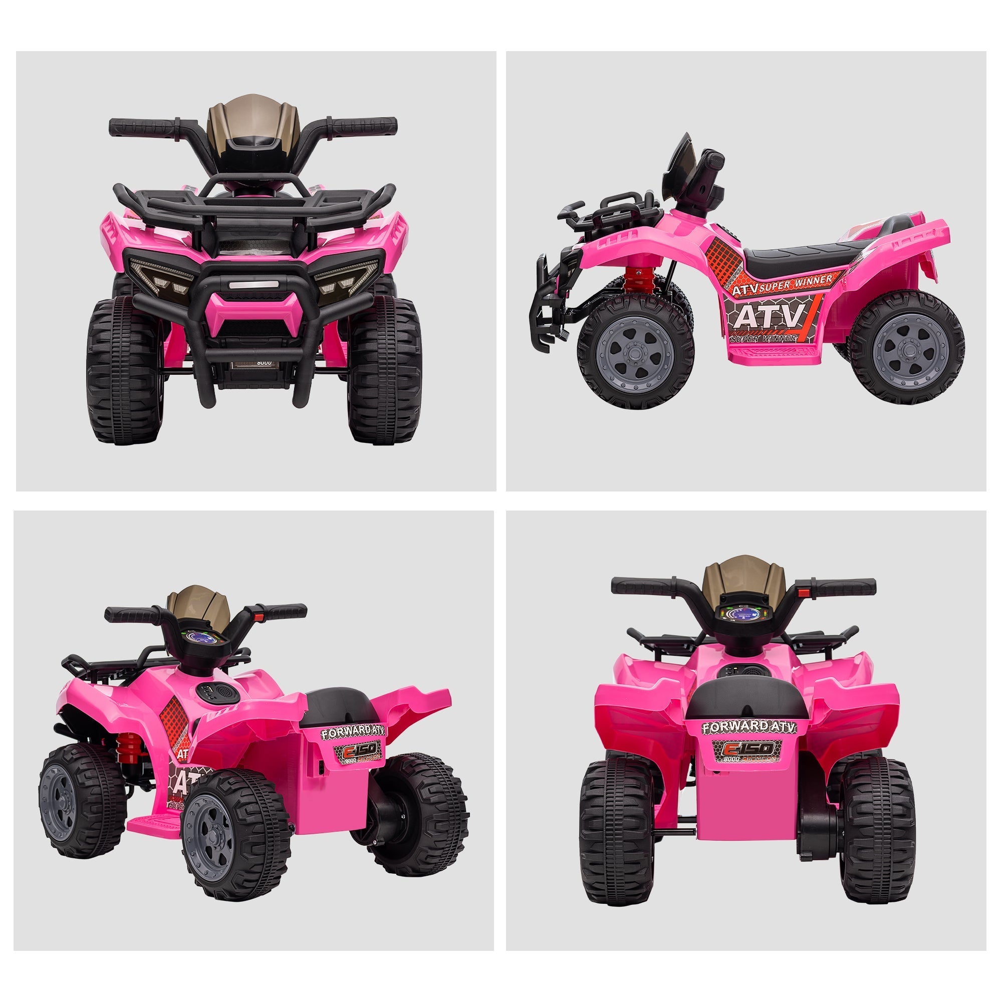 Pink homcom 6v kids electric quad bike with large seat and smooth ride featuring black handlebars and atv super winner decals