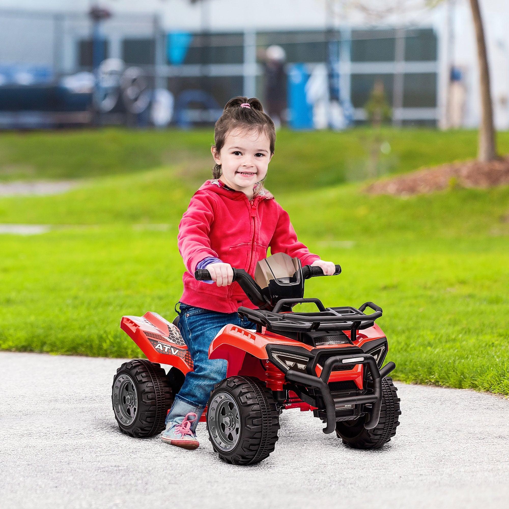 Red kids electric quad bike with large seat and rugged tires for smooth ride toddlers 18-36 months