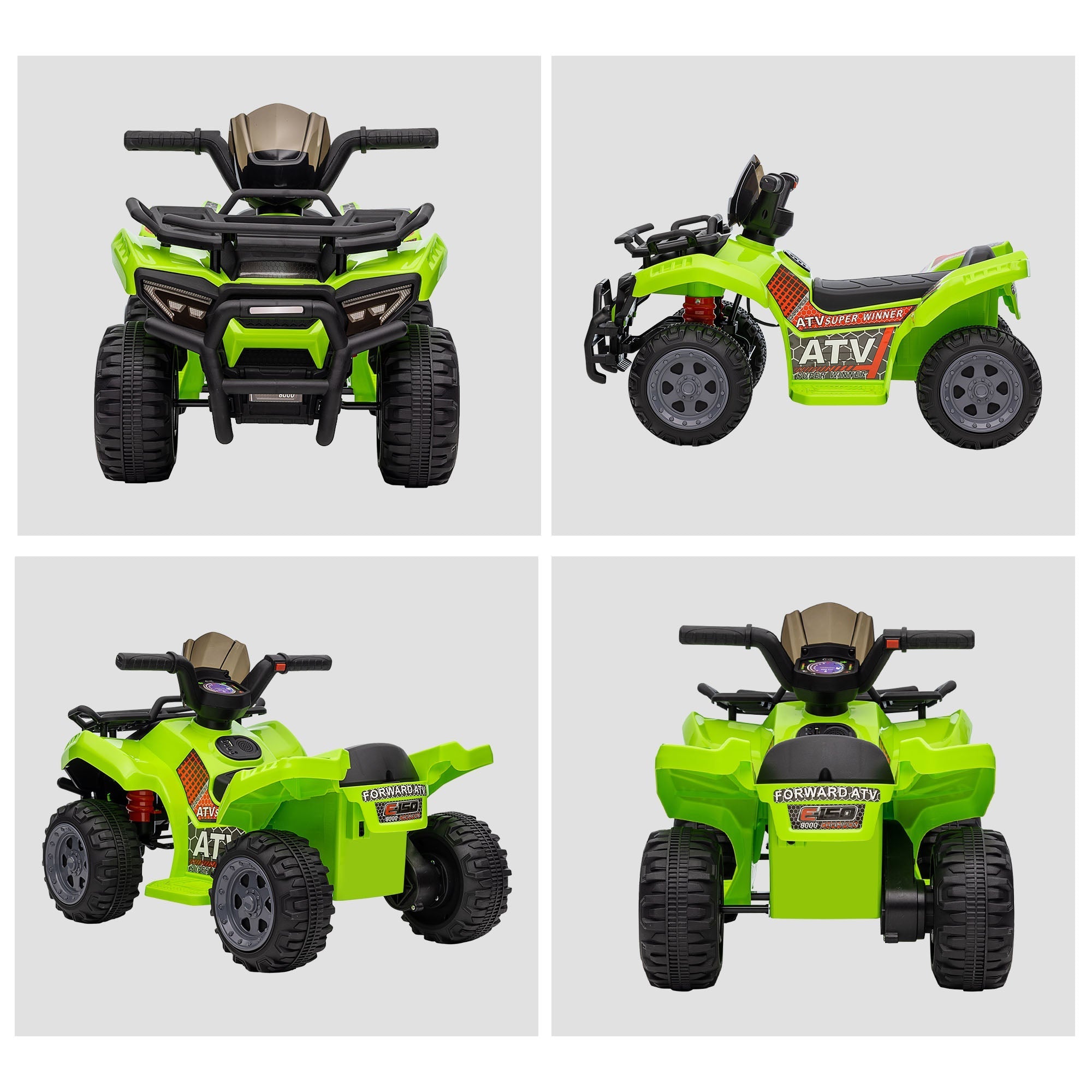 Bright lime green homcom 6v kids electric quad bike with smooth ride, large seat, and atv decals for toddlers