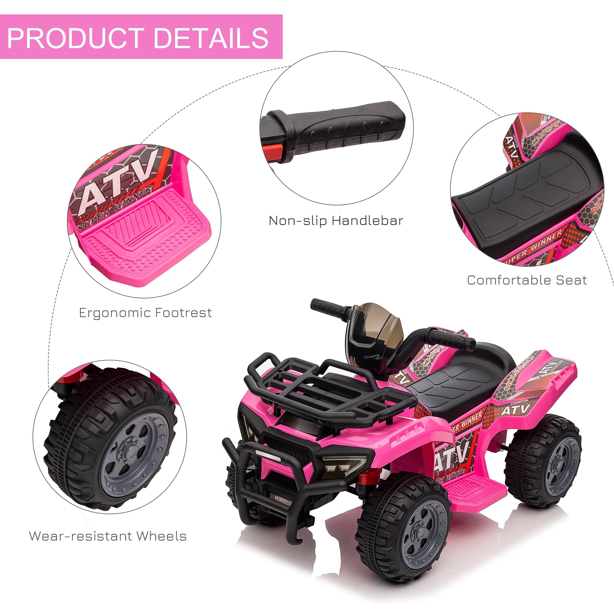 Pink and black homcom 6v kids electric quad bike with rugged tires large seat and textured footrest for smooth ride