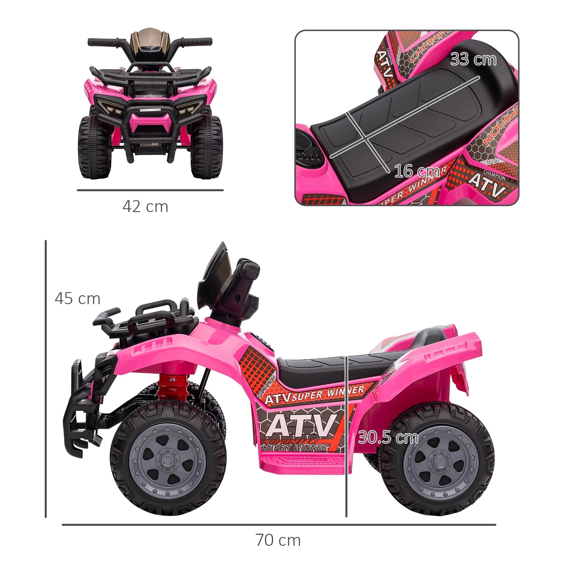 Pink and black homcom 6v kids electric quad bike with rugged tires large seat and smooth ride for toddlers
